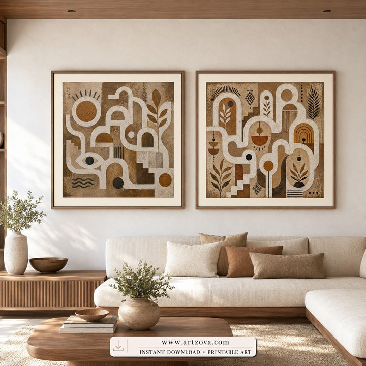 Sacred Pathways set of two paintings framed in a living room