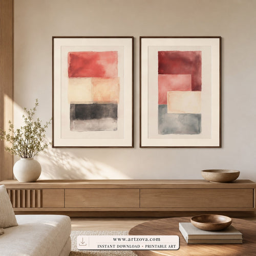 Crimson Blocks set of two paintings framed in an office