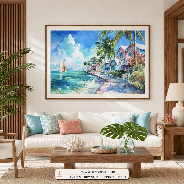 Island Daydream watercolor coastal wall art print framed in a living room