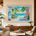 Coral Lane watercolor coastal wall art print framed in an entryway