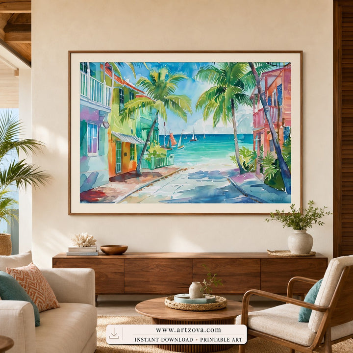Coral Lane watercolor coastal wall art print framed in an entryway