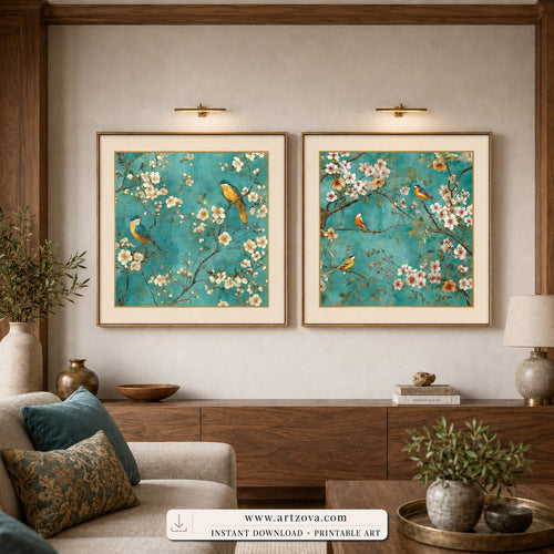 Turquoise Spring set of two paintings framed in a bedroom
