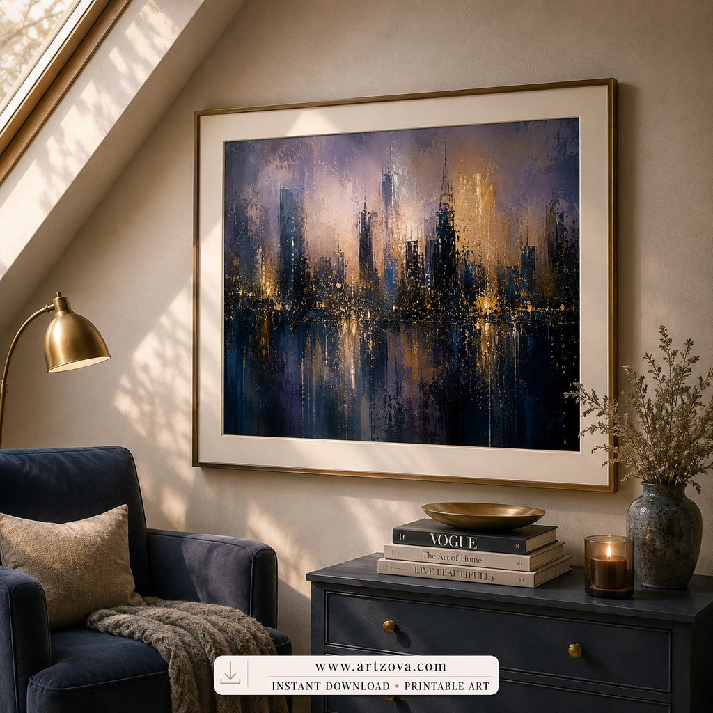 Midnight City abstract cityscape wall art print framed in an office