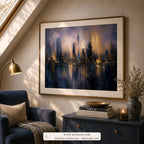 Midnight City abstract cityscape wall art print framed in an office