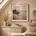 Distant Chapel impressionist landscape wall art print framed in a bedroom