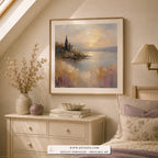 Distant Chapel impressionist landscape wall art print framed in a bedroom
