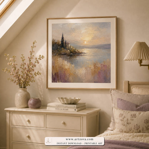 Distant Chapel impressionist landscape wall art print framed in a bedroom