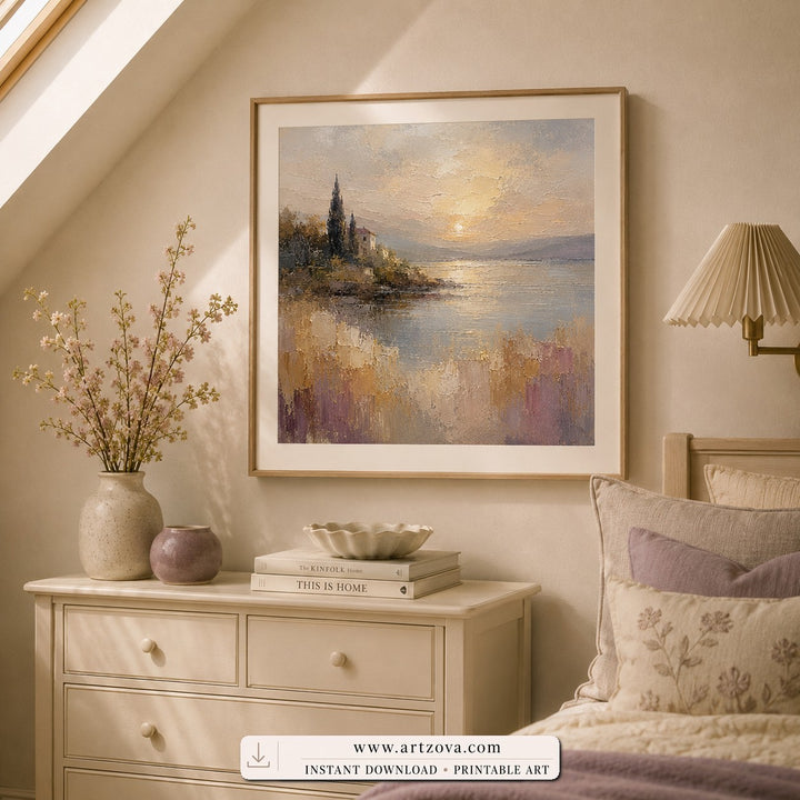 Distant Chapel impressionist landscape wall art print framed in a bedroom