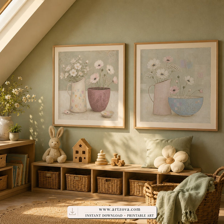 Garden Tea set of two paintings framed in a kids room