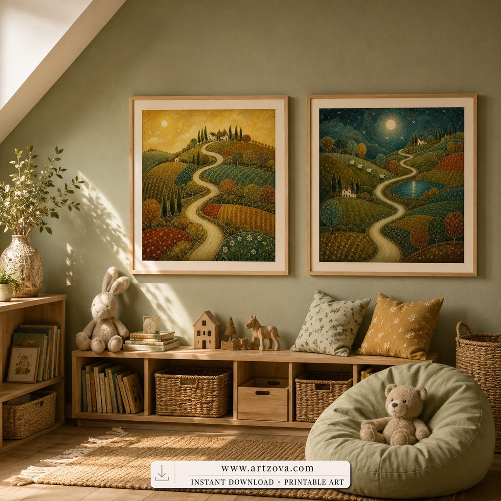 Day and Night set of two paintings framed in a kids room