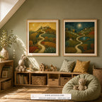 Day and Night set of two paintings framed in a kids room