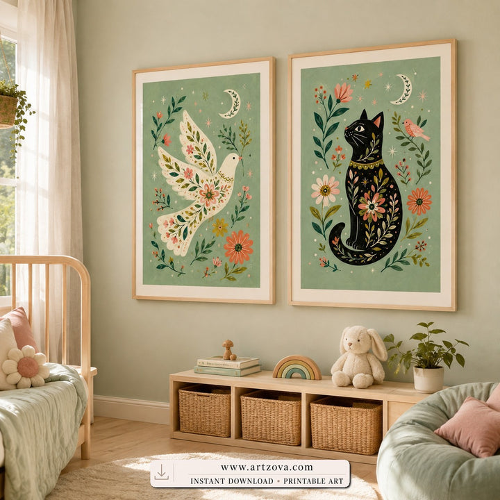 Moonlit Friends set of two paintings framed in a kids room