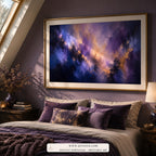 Violet Storm abstract expressionism wall art print framed in a bedroom