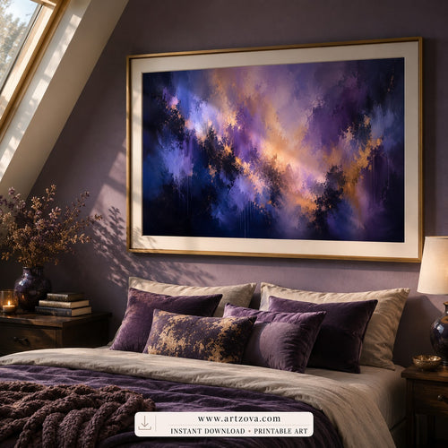 Violet Storm abstract expressionism wall art print framed in a bedroom