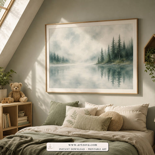 Mistwood Lake tonalist landscape wall art print framed in a bedroom