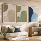 Quiet Arches set of three paintings framed in a living room