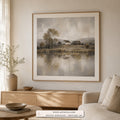 Misty Homestead tonalist landscape wall art print framed in a bedroom