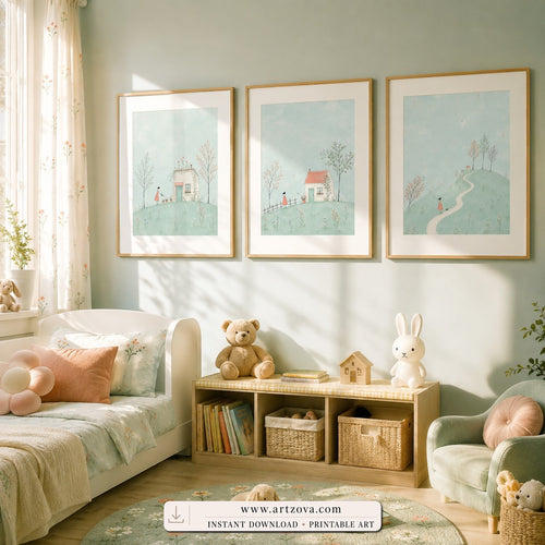 Hilltop Story set of three paintings framed in a kids room