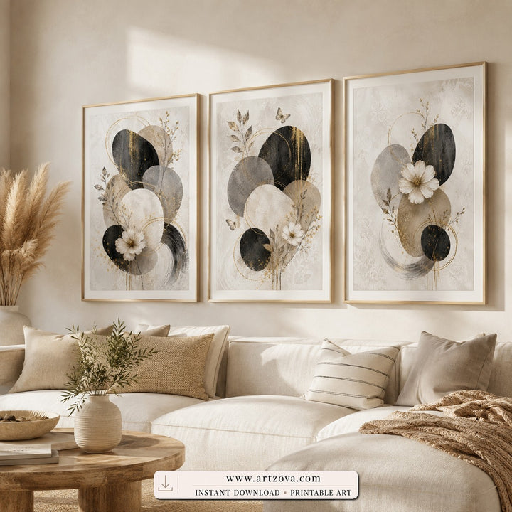 Lunar Harmony set of three paintings framed in a living room