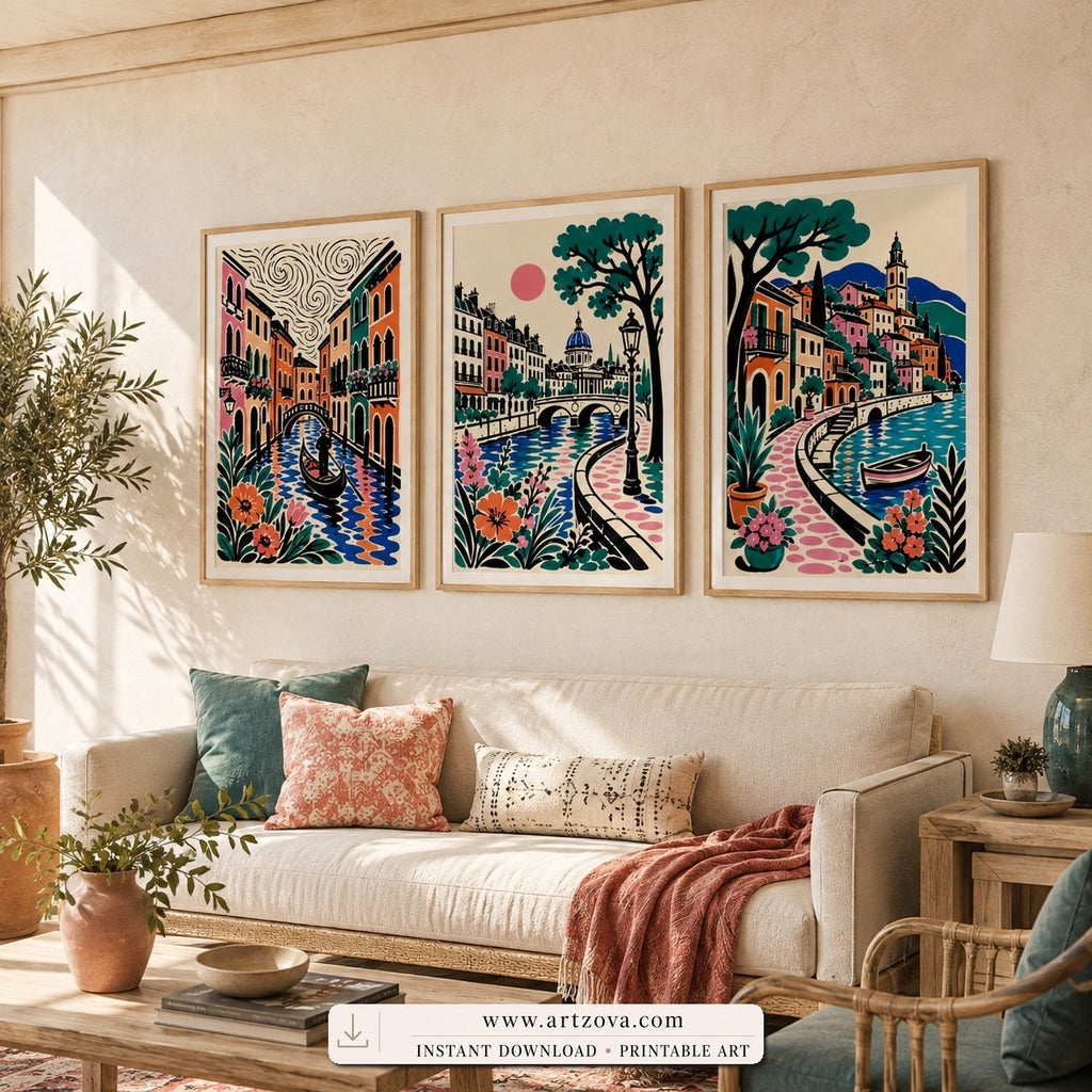 Venice in Bloom set of three paintings framed in a living room