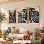 Venice in Bloom set of three paintings framed in a living room