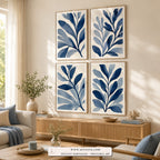Indigo Leaves set of four paintings framed in a living room