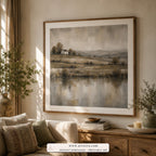 Fields at Rest tonalist landscape wall art print framed in a living room
