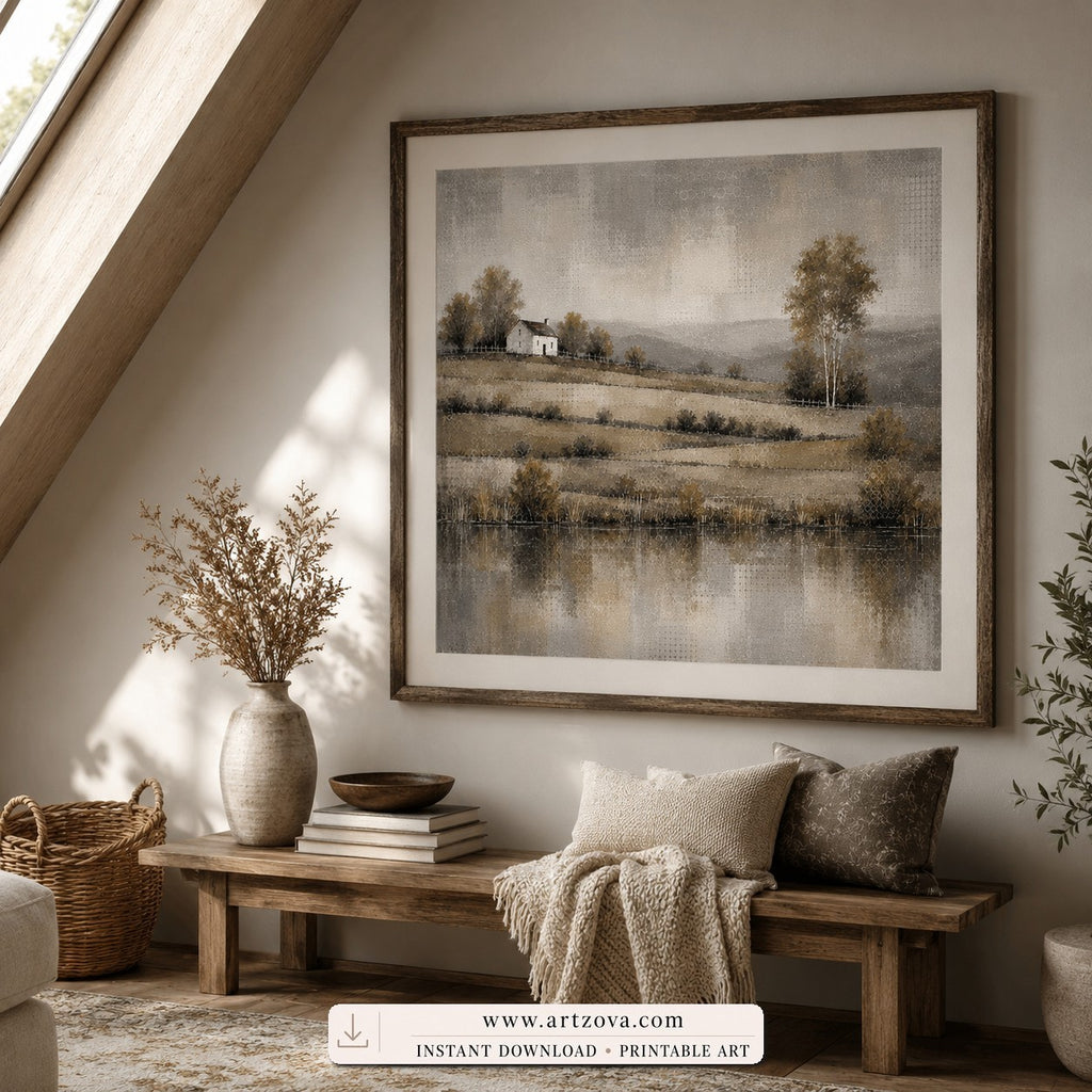 Still Country tonalist landscape wall art print framed in an entryway