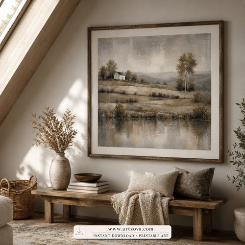 Still Country tonalist landscape wall art print framed in an entryway