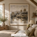 Lakeside Cottage tonalist landscape wall art print framed in a bedroom