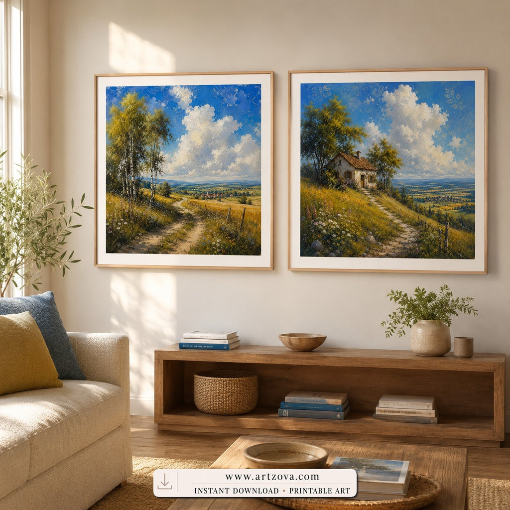 Summer Pathways set of two paintings framed in a living room
