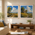 Summer Pathways set of two paintings framed in a living room