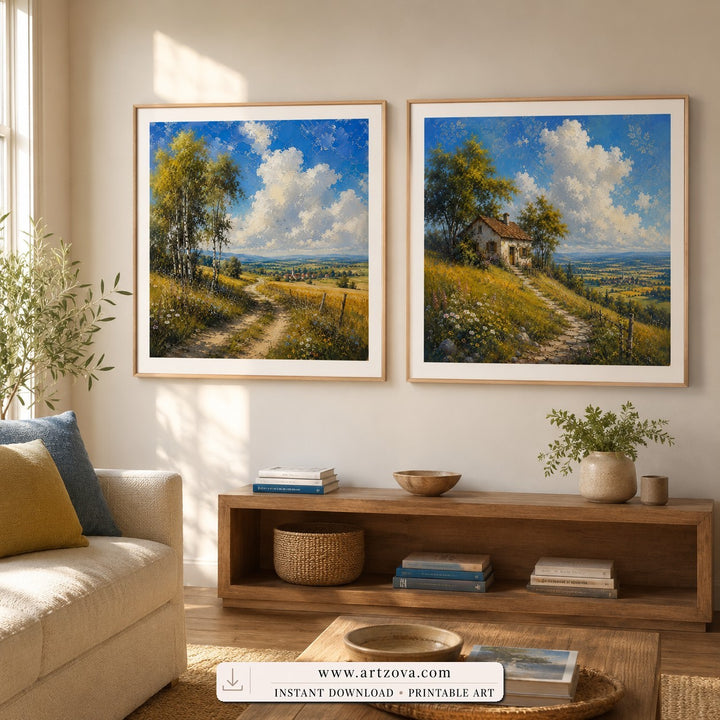 Summer Pathways set of two paintings framed in a living room