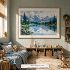 Alpine Mirror watercolor landscape wall art print framed in a kids room