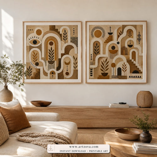 Earthen Labyrinths set of two paintings framed in a living room