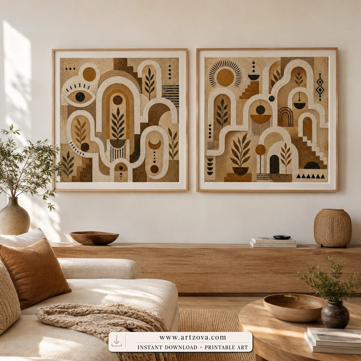 Earthen Labyrinths set of two paintings framed in a living room