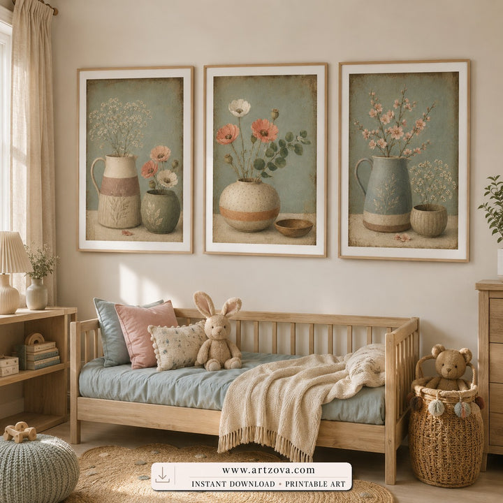 Sage Still Life set of three paintings framed in a kids room