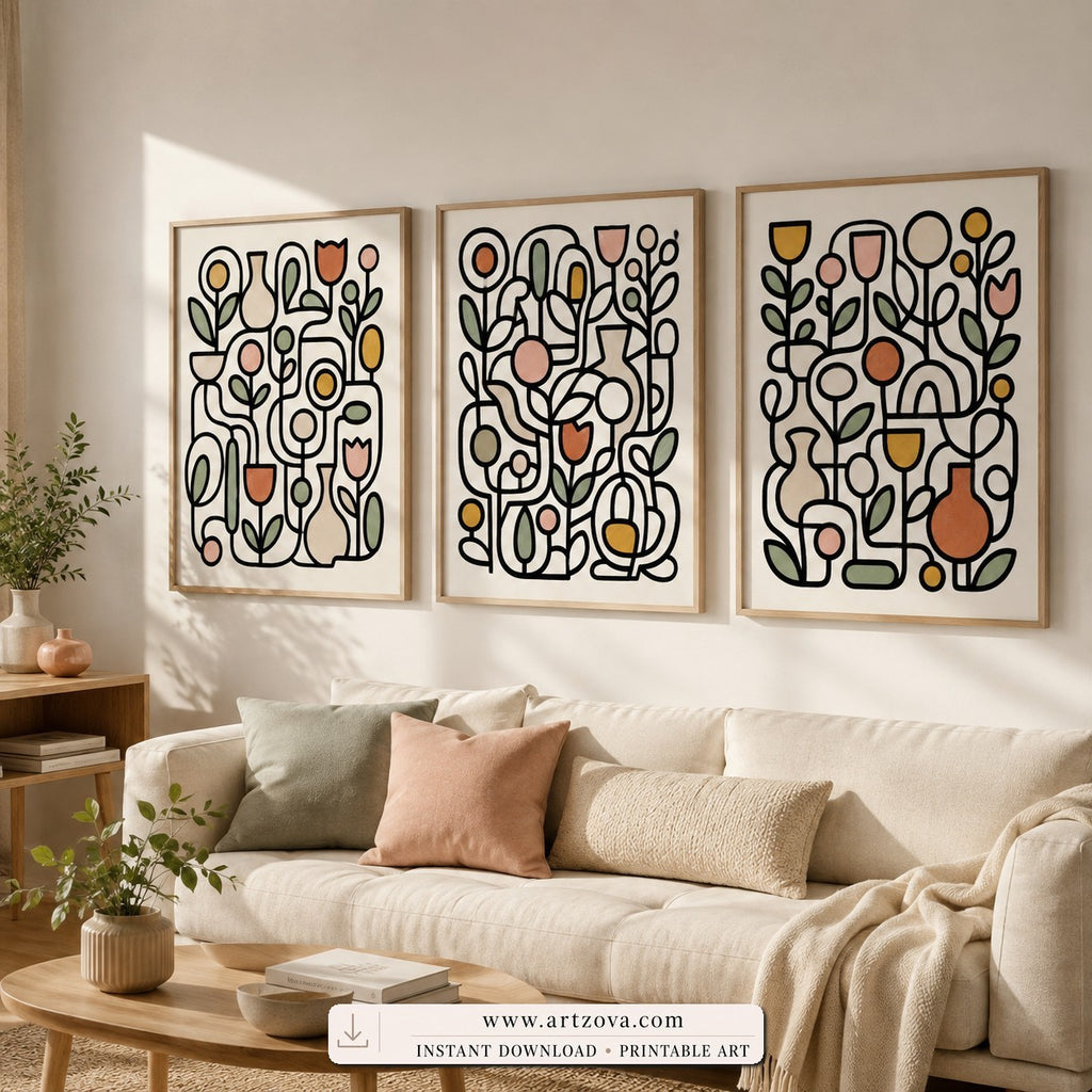 Joyful Garden set of three paintings framed in a living room