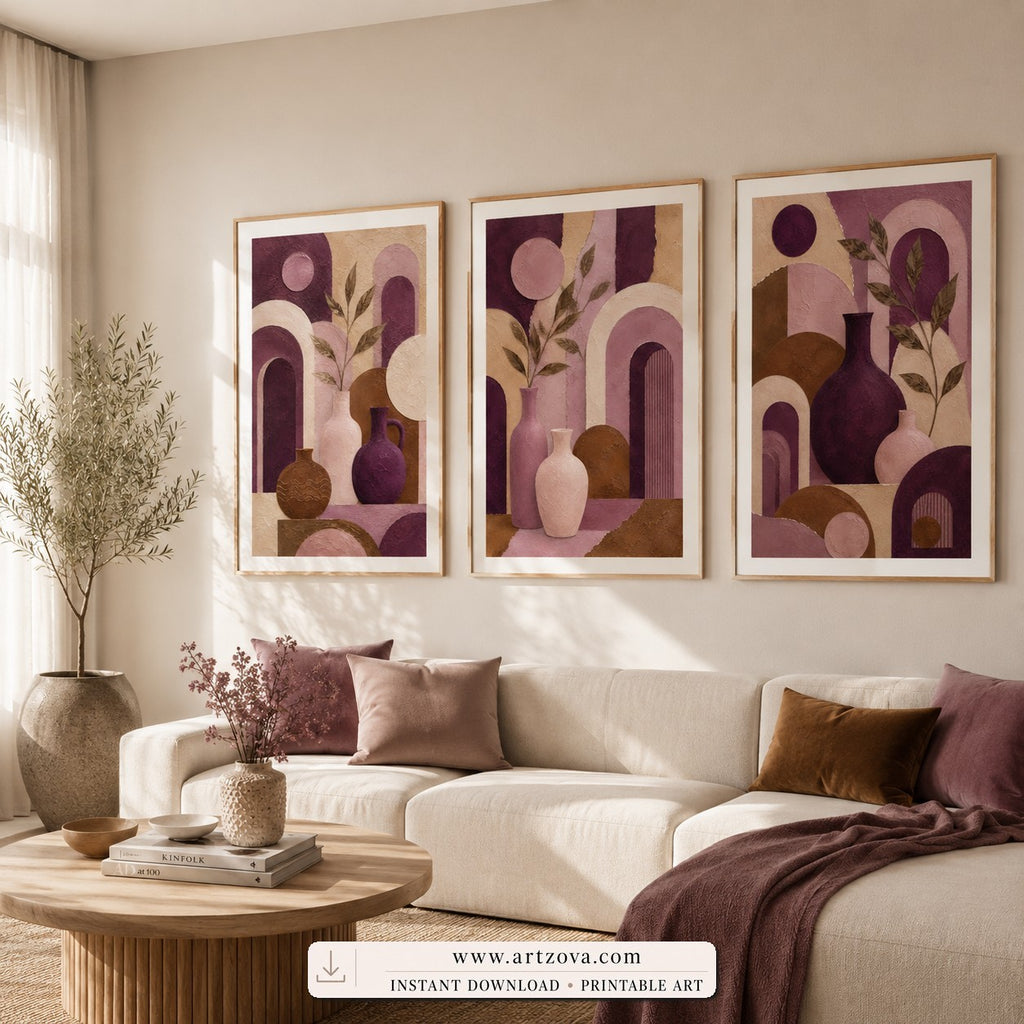 Plum Vessels set of three paintings framed in a dining room