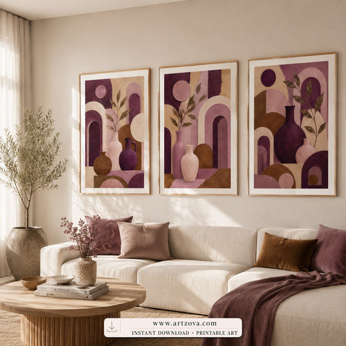 Plum Vessels set of three paintings framed in a dining room