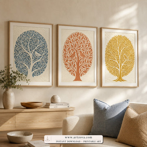 Three Trees set of three paintings framed in an entryway