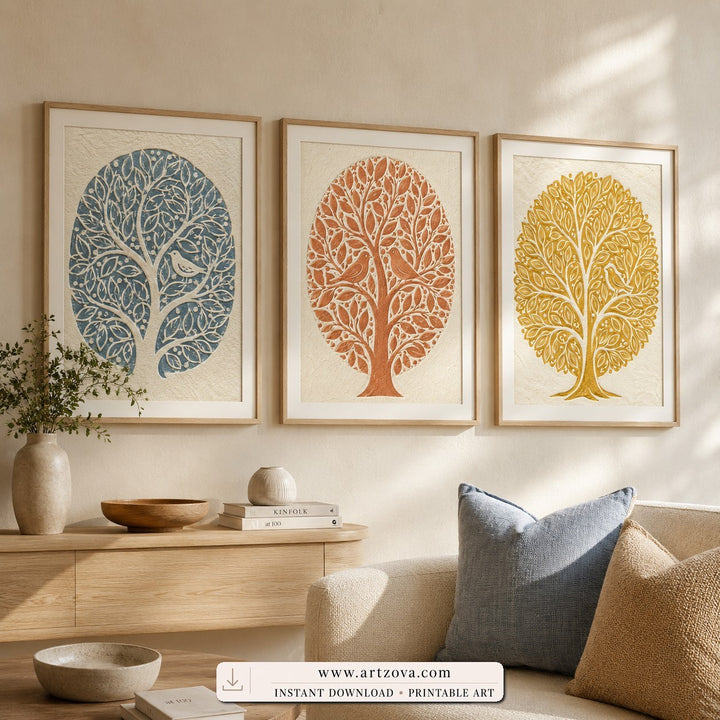 Three Trees set of three paintings framed in an entryway