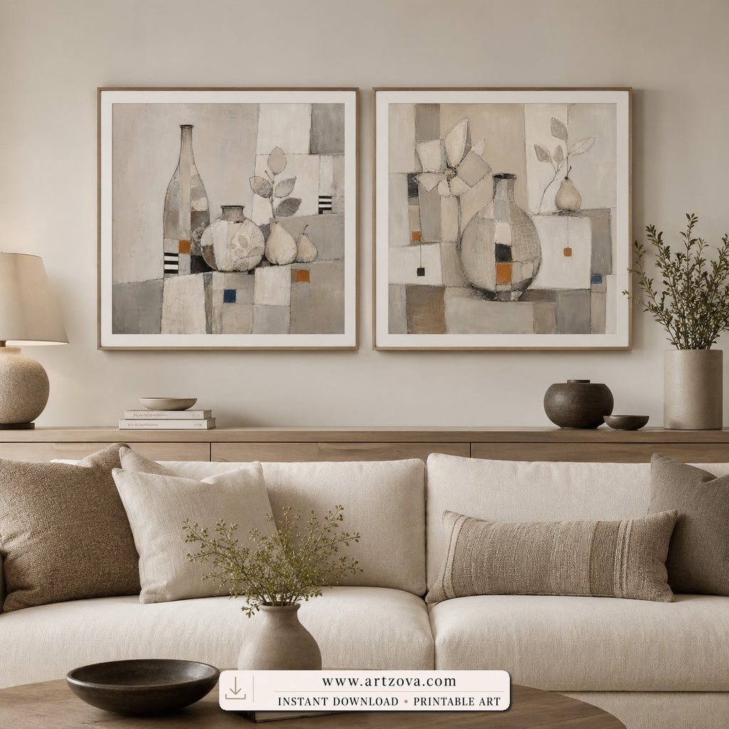 Quiet Cubism set of two paintings framed in a dining room