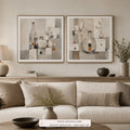 Quiet Cubism set of two paintings framed in a dining room