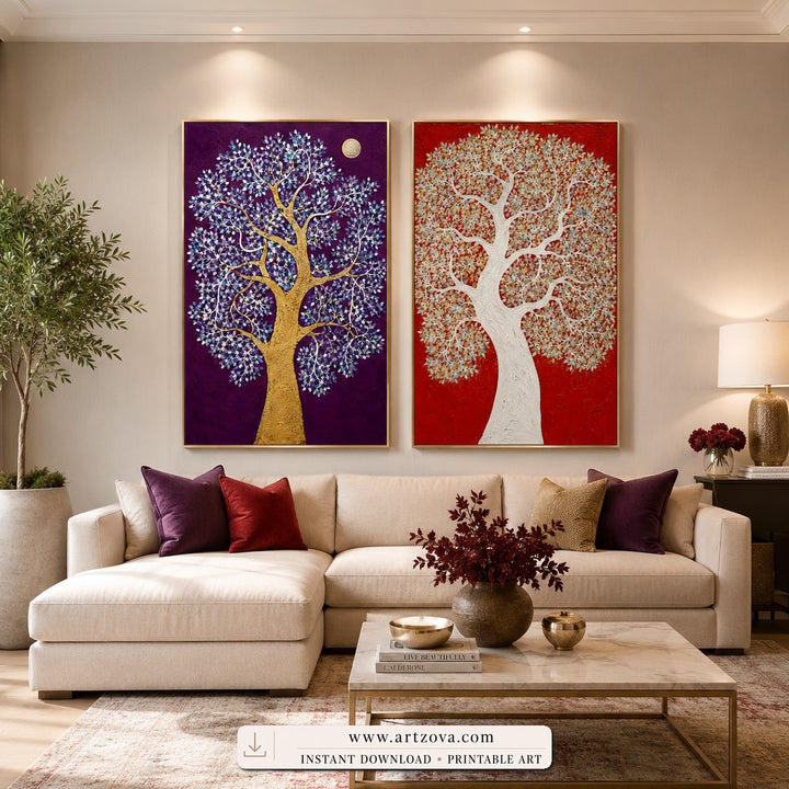 Twin Life Trees set of two paintings framed in a living room