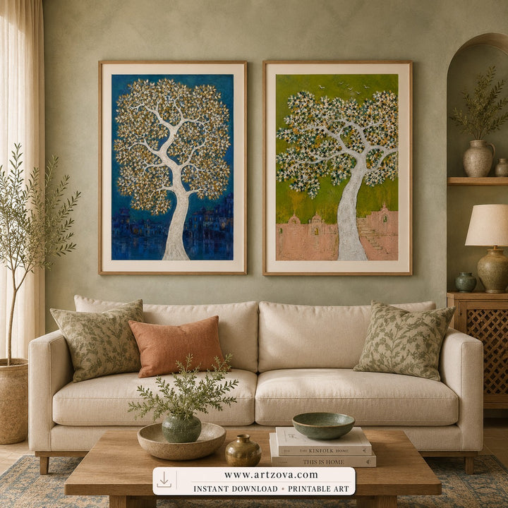 Orchard Pair set of two paintings framed in a living room