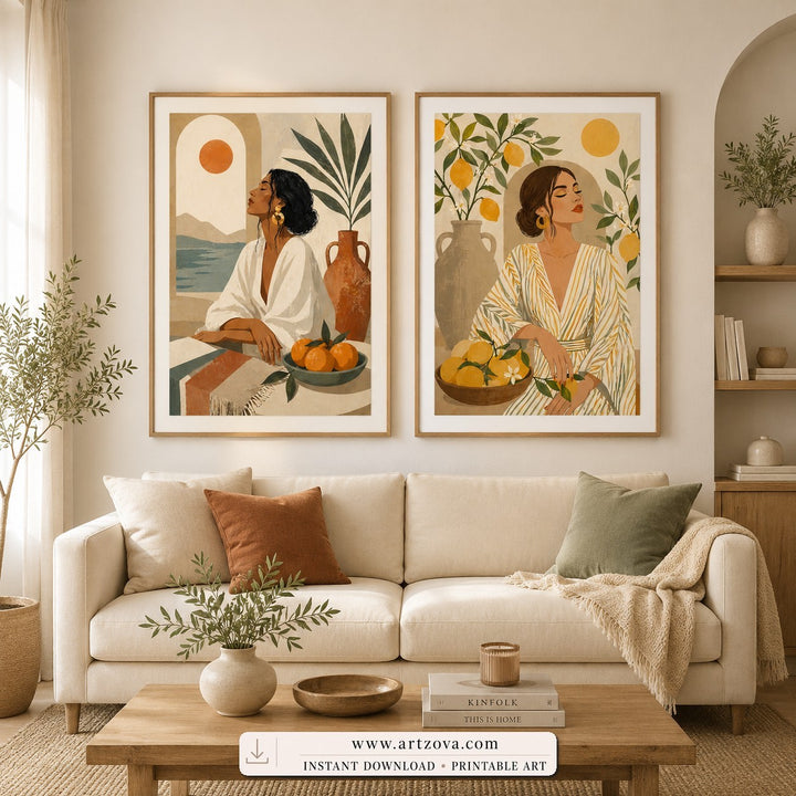 Citrus Daydreams set of two paintings framed in a dining room