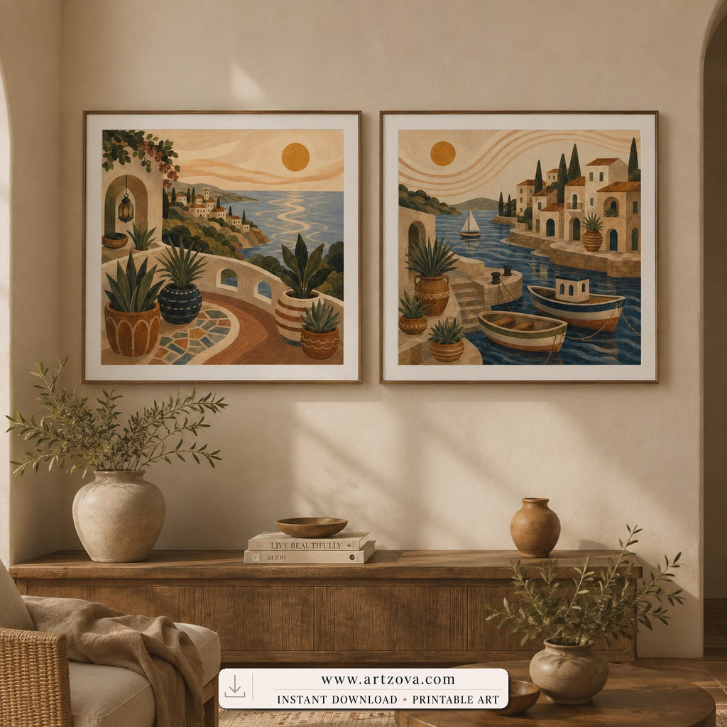 Mediterranean Days set of two paintings framed in a dining room