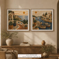 Mediterranean Days set of two paintings framed in a dining room