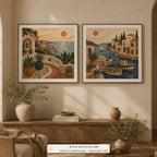 Mediterranean Days set of two paintings framed in a dining room